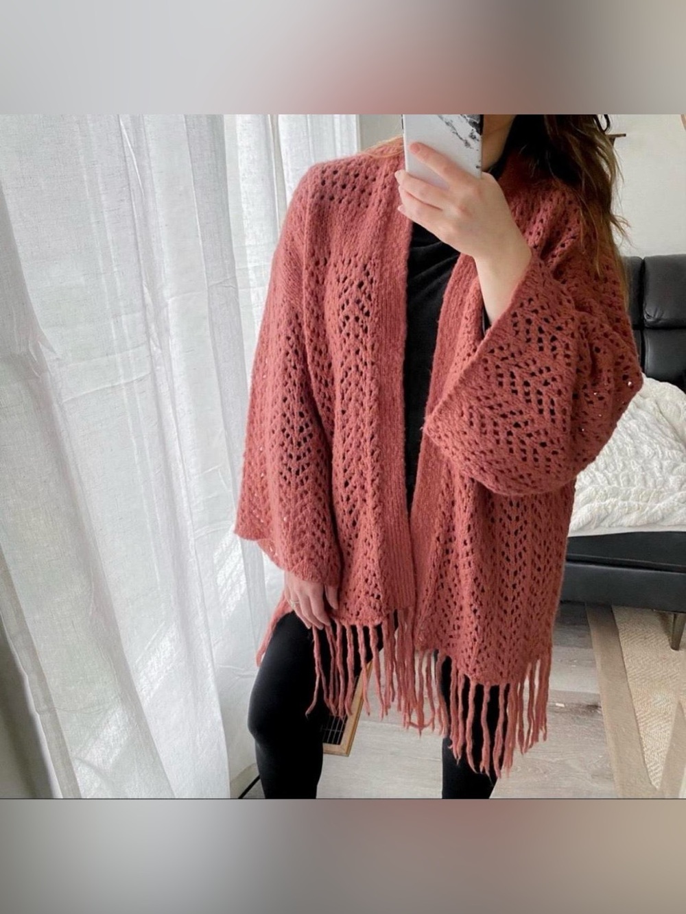 Kimchi Blue Anthropologie Coral Pink Cozy Cardigan Open Knit Medium Dusty Rose